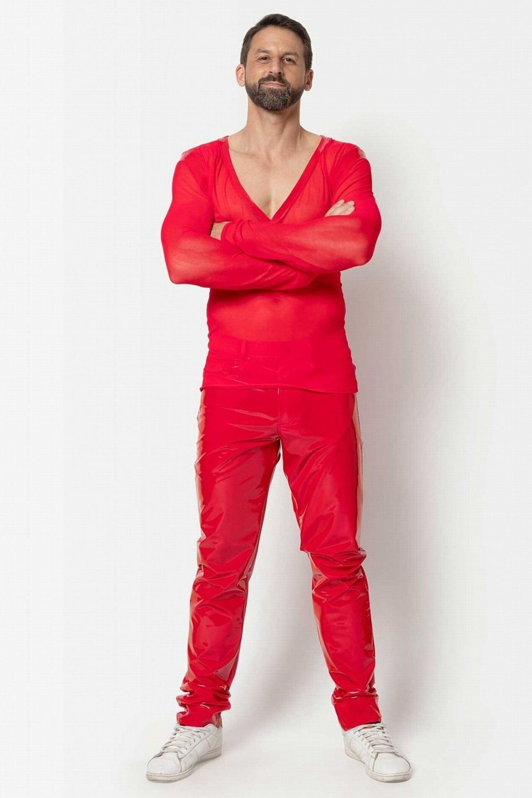 L'HOMME ALI Mesh Long Sleeve V Neck in Red 