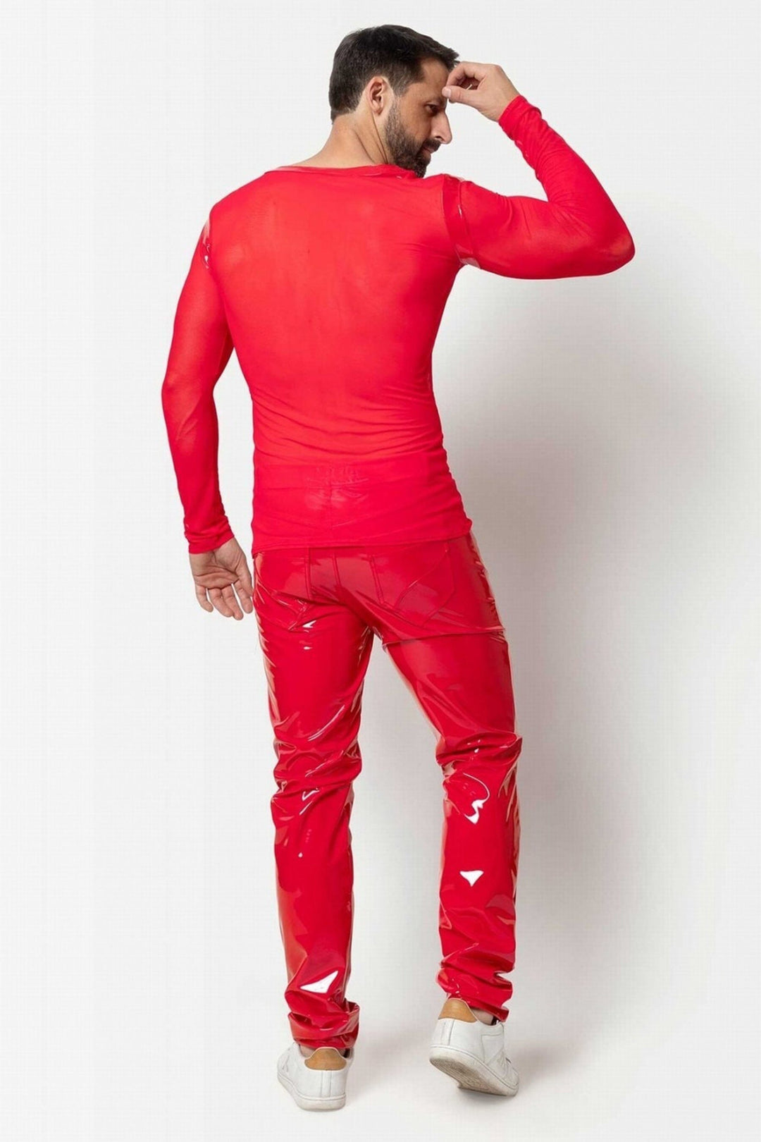 L'HOMME ALI Mesh Long Sleeve V Neck in Red 