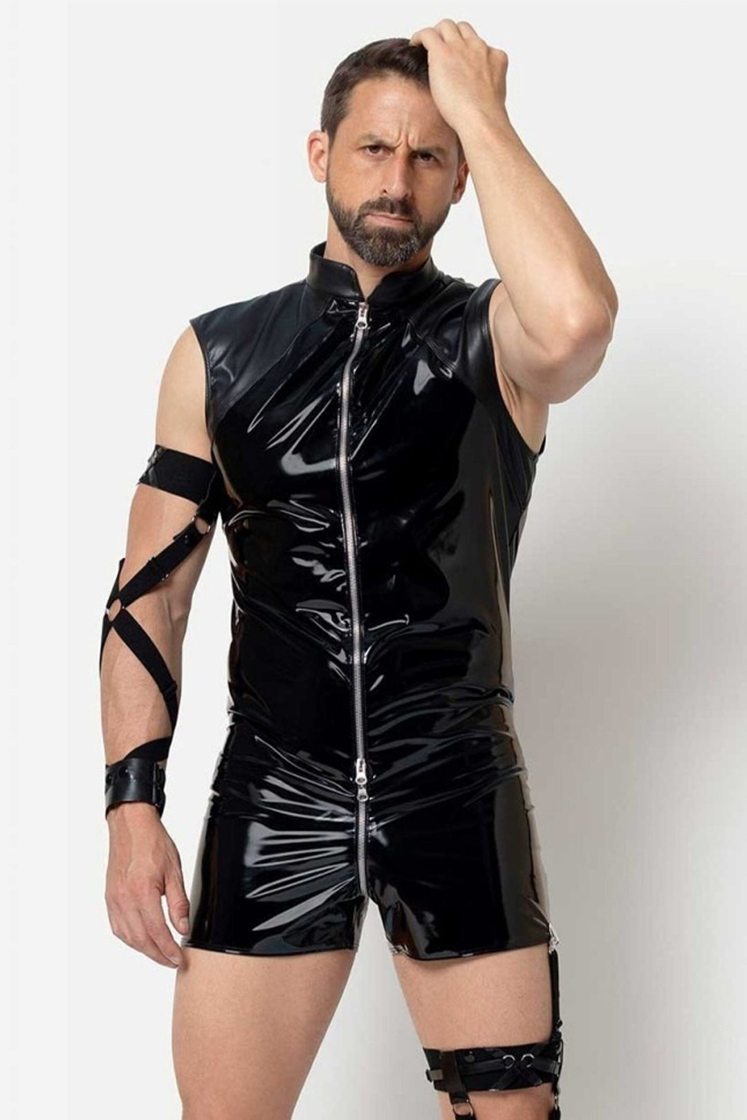 L'HOMME ANDERS Vinyl Shorts Playsuit in Black  from SexyShoes.com