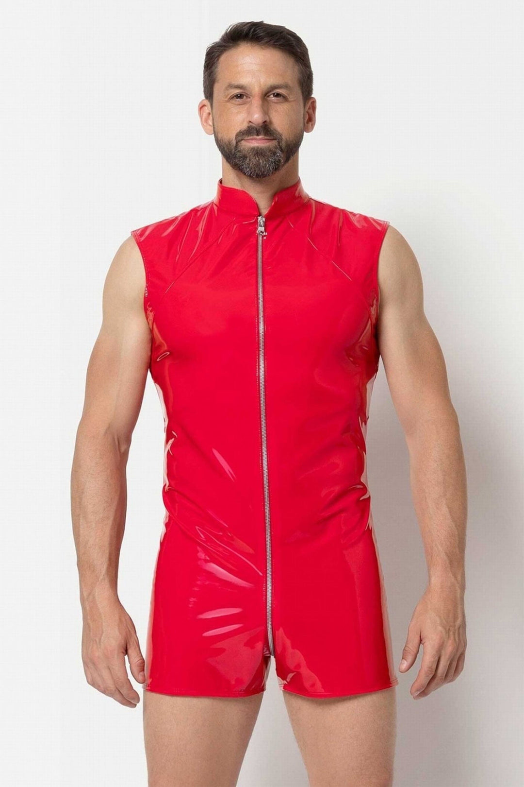 L'HOMME ANDERS Vinyl Shorts Playsuit in Red  from SexyShoes.com
