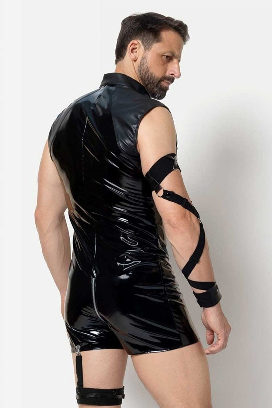 L'HOMME ANDERS Vinyl Shorts Playsuit in Black 