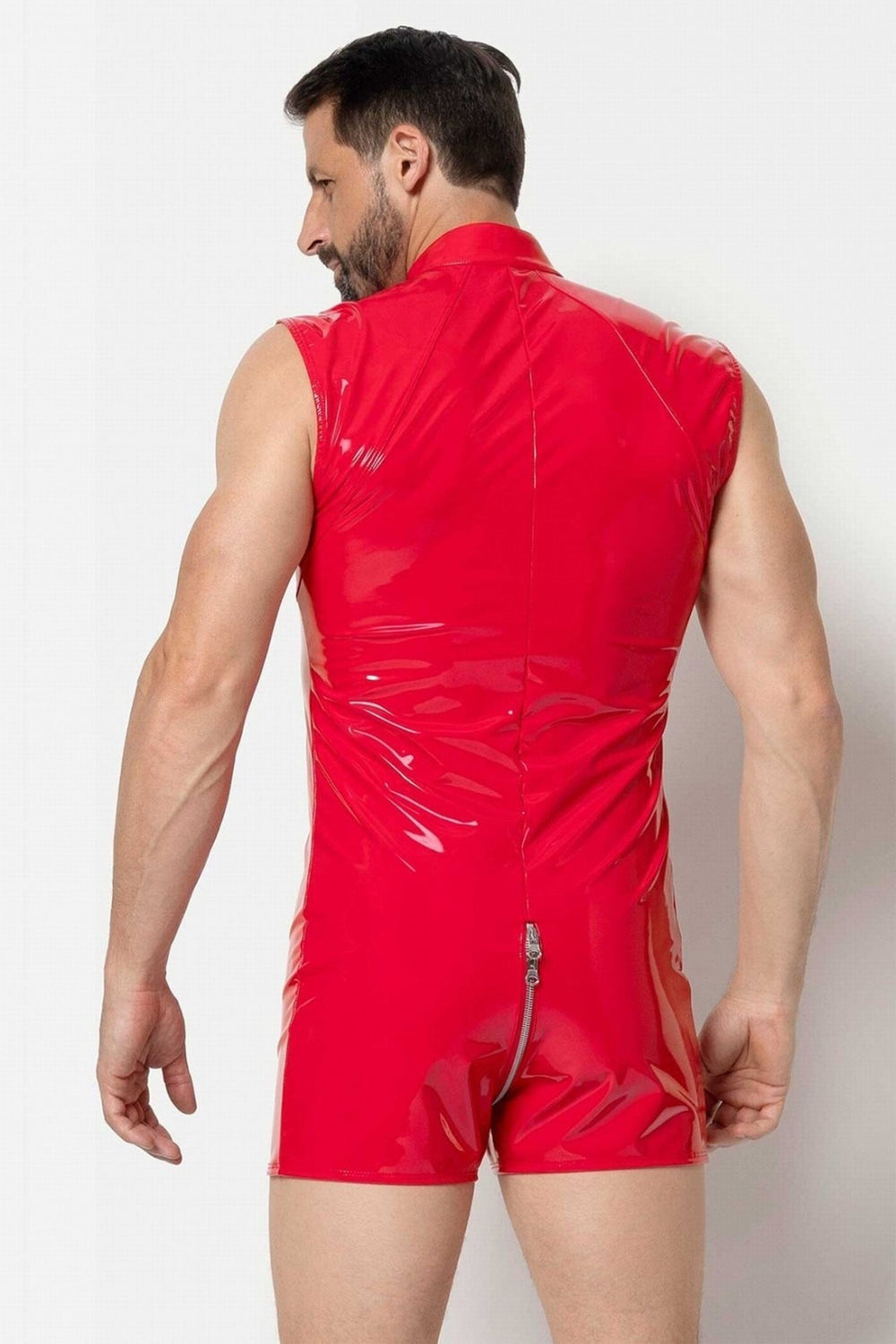 L'HOMME ANDERS Vinyl Shorts Playsuit in Red 