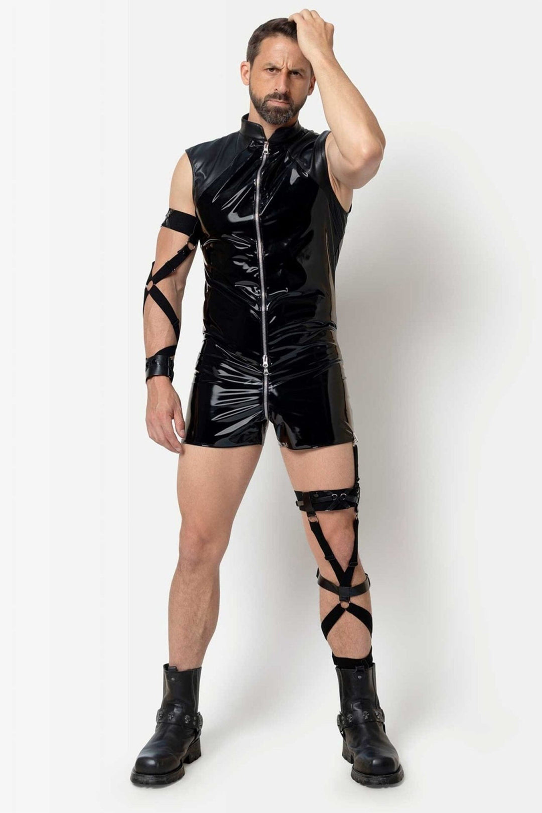 L'HOMME ANDERS Vinyl Shorts Playsuit in Black 