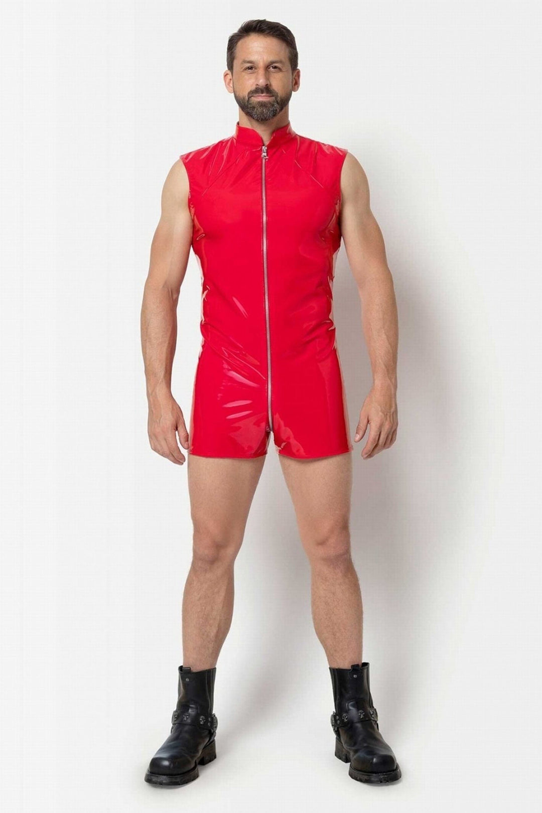 L'HOMME ANDERS Vinyl Shorts Playsuit in Red 