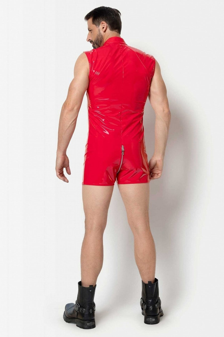 L'HOMME ANDERS Vinyl Shorts Playsuit in Red 