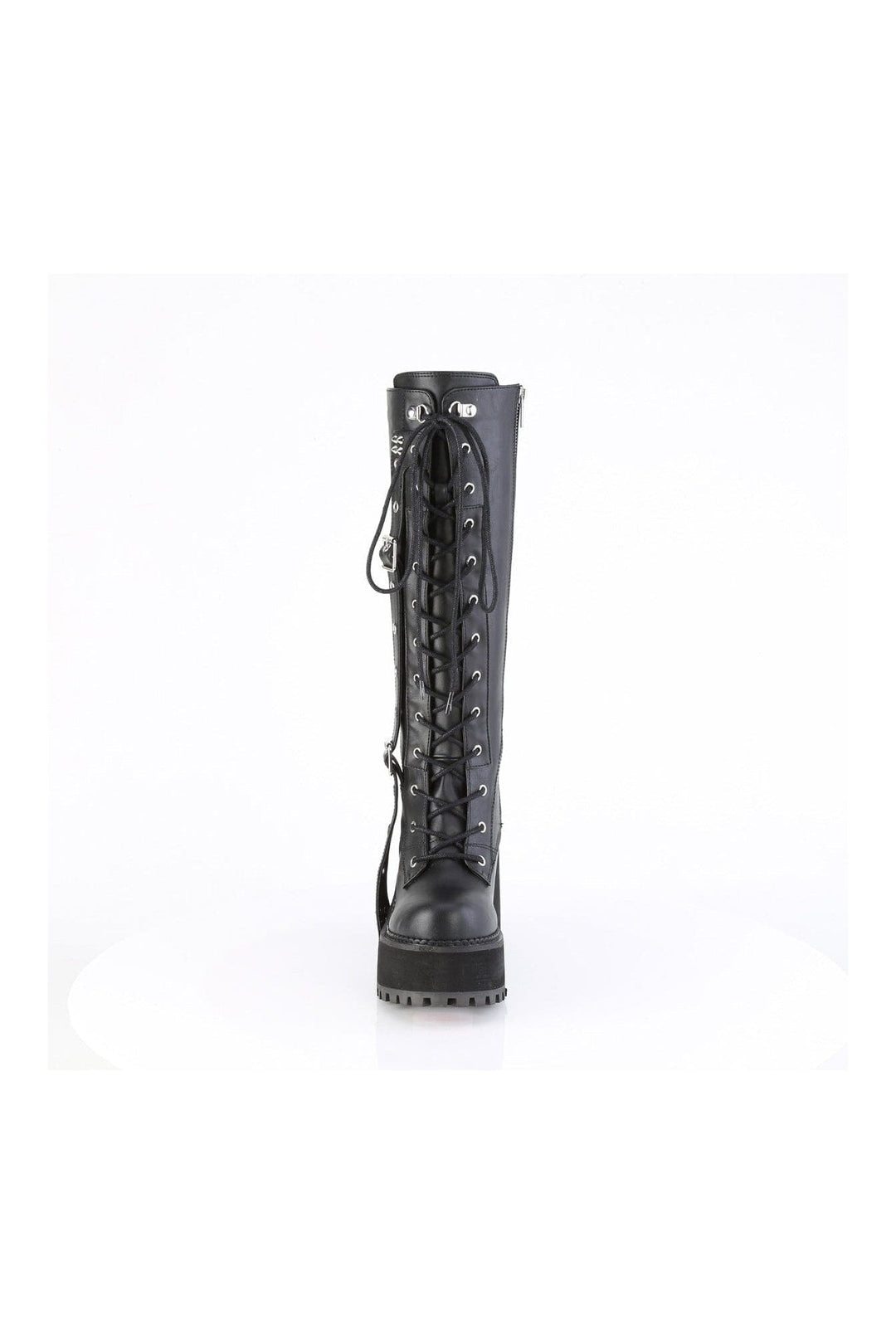 Demonia ASSAULT-218 Black Vegan Leather Knee Boot in Black Vegan Leather