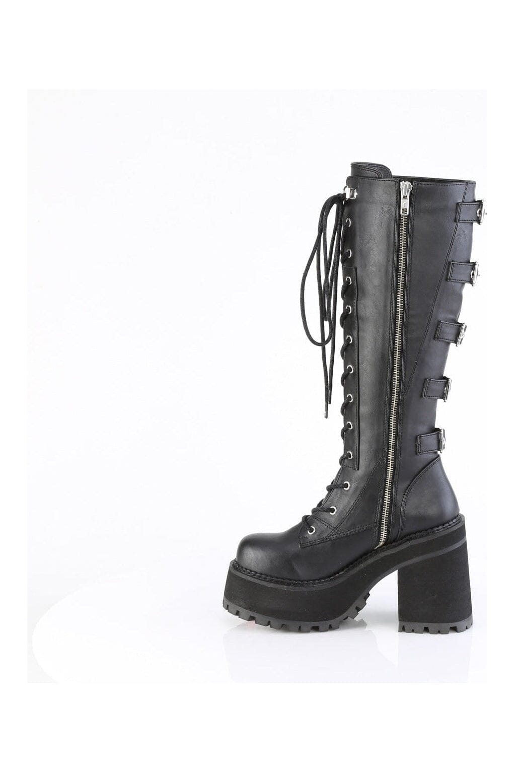 Demonia ASSAULT-218 Black Vegan Leather Knee Boot in Black Vegan Leather