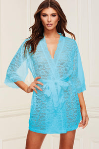Baci Lingerie All Over Lace & Satin Robe in Blue  from SexyShoes.com