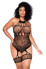 Allover Leopard Fishnet Bodysuit with Halter Neck