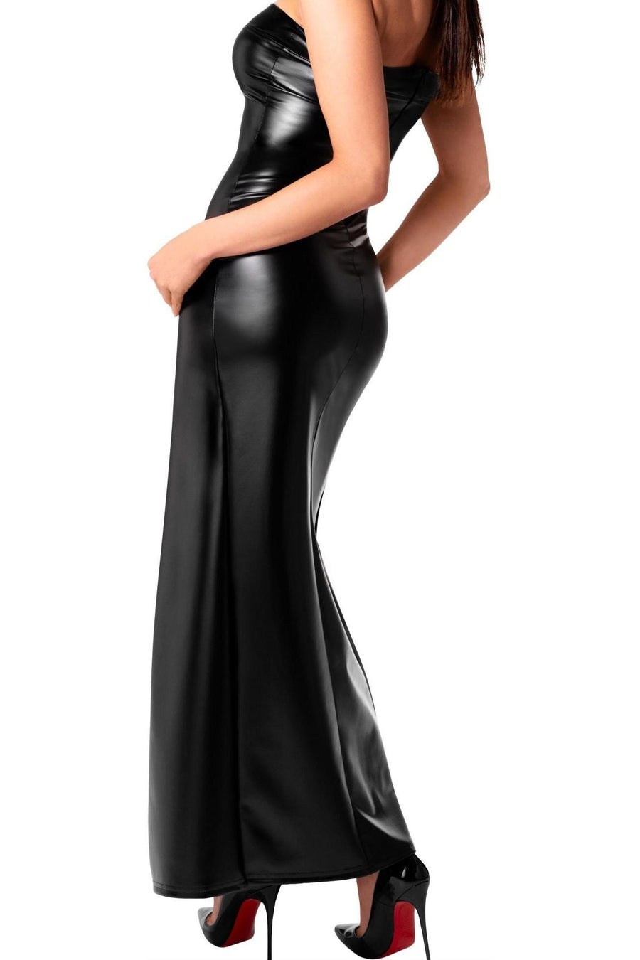 Noir Handmade Aphrodisia Power Wetlook Long Dress With Open Leg in Black 