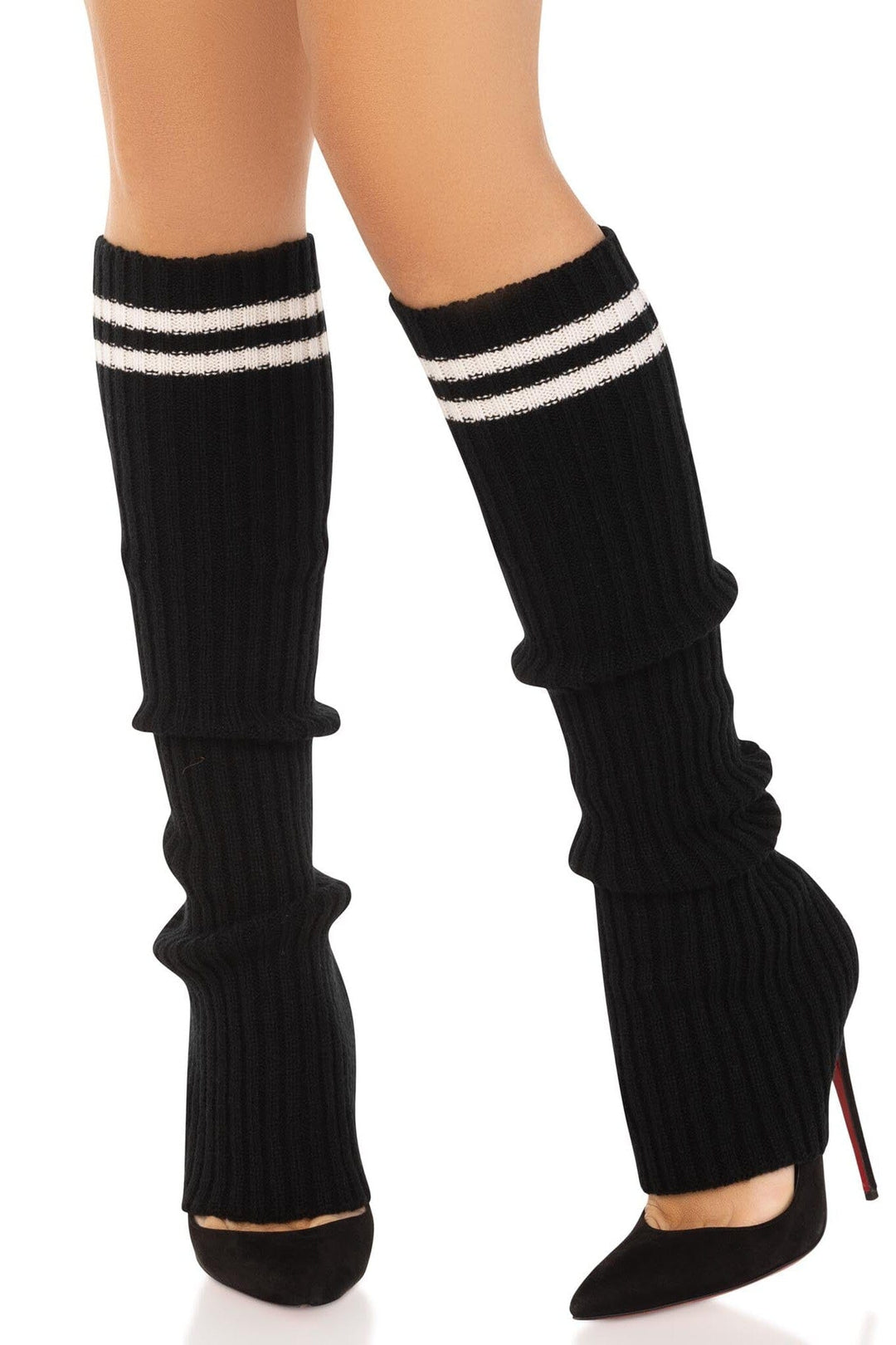 Leg Avenue Athletic Stripped Ribbed Strirrup Leg Warmers in Black  from SexyShoes.com