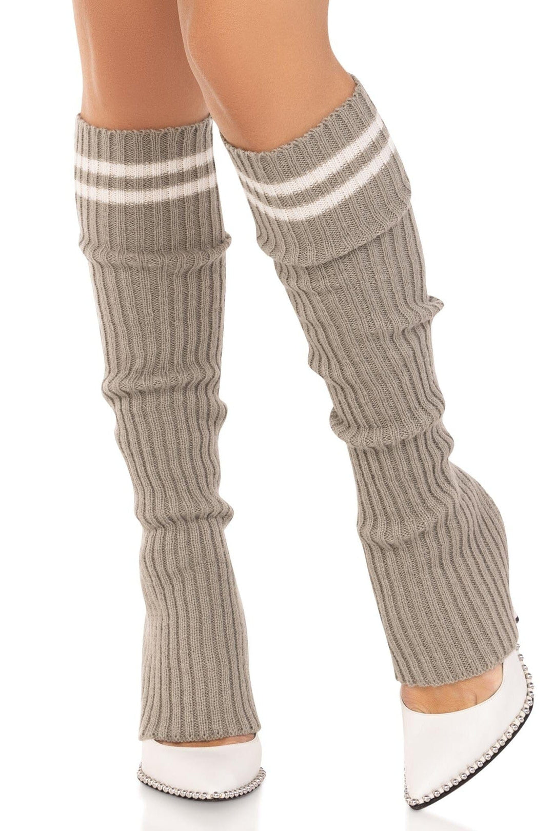 Leg Avenue Athletic Stripped Ribbed Strirrup Leg Warmers in Grey  from SexyShoes.com