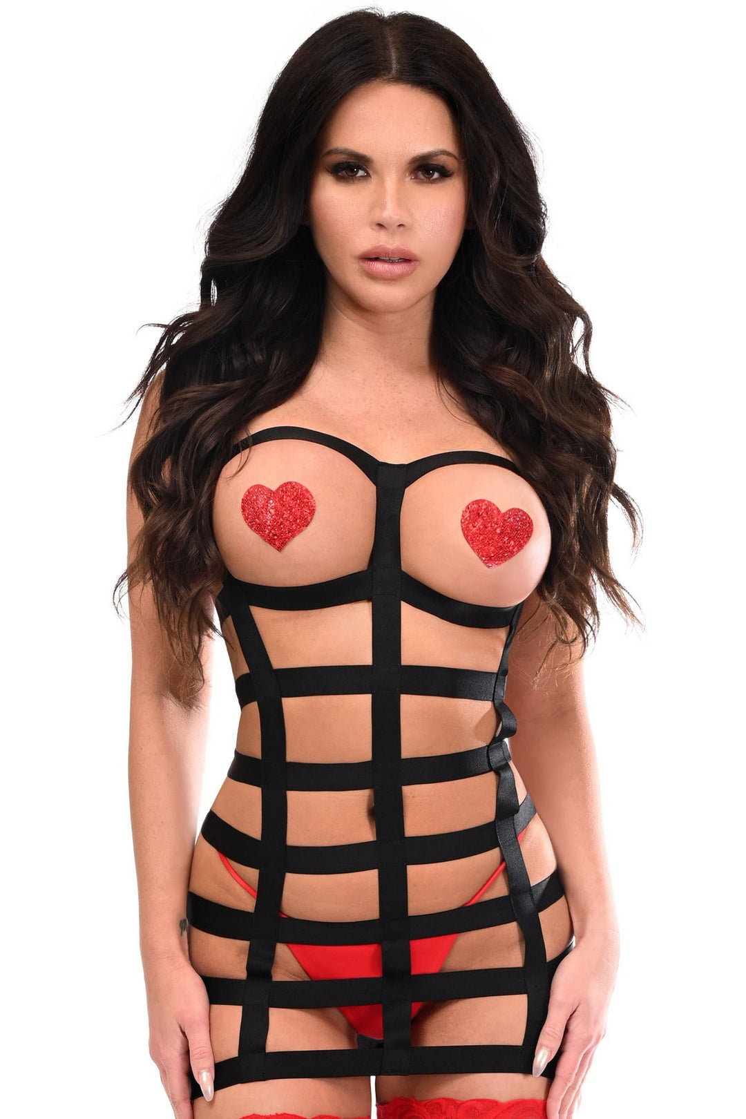 BOXED Black Stretchy Cage Dress Body Harness w/Silver Hardware
