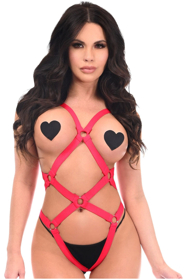 BOXED Red Stretchy Body Harness Bodysuit w/Silver Hardware