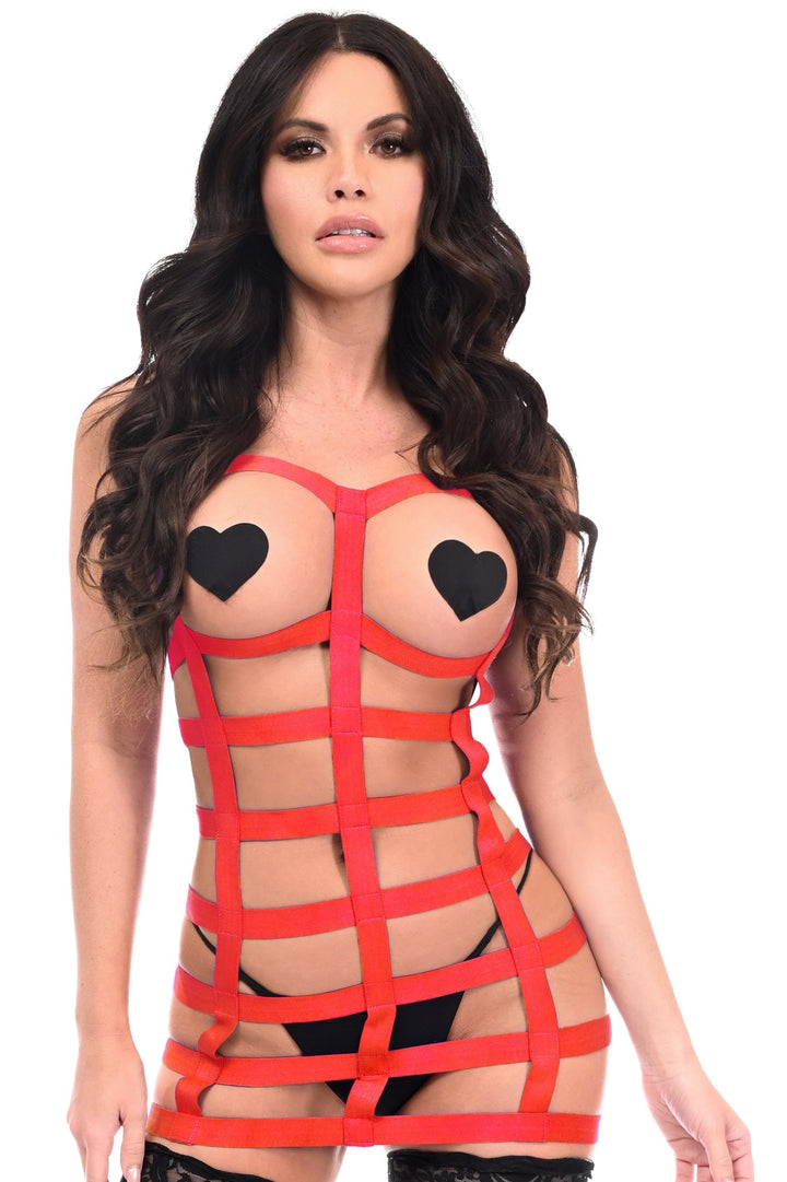 BOXED Red Stretchy Cage Dress Body Harness w/Silver Hardware