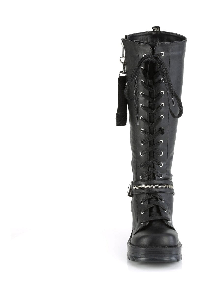 Demonia BRATTY-206 Black Vegan Leather Knee Boot in Black Vegan Leather