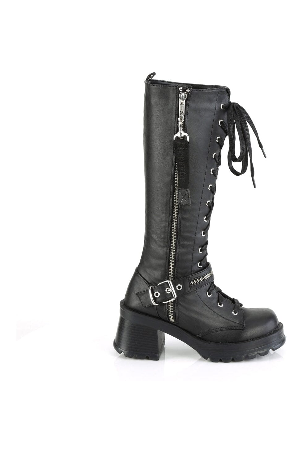 Demonia BRATTY-206 Black Vegan Leather Knee Boot in Black Vegan Leather