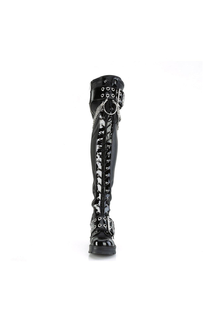 Demonia BRATTY-304 Black Vegan Leather Thigh Boot in Black Vegan Leather