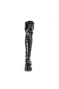 Demonia BRATTY-304 Black Vegan Leather Thigh Boot in Black Vegan Leather