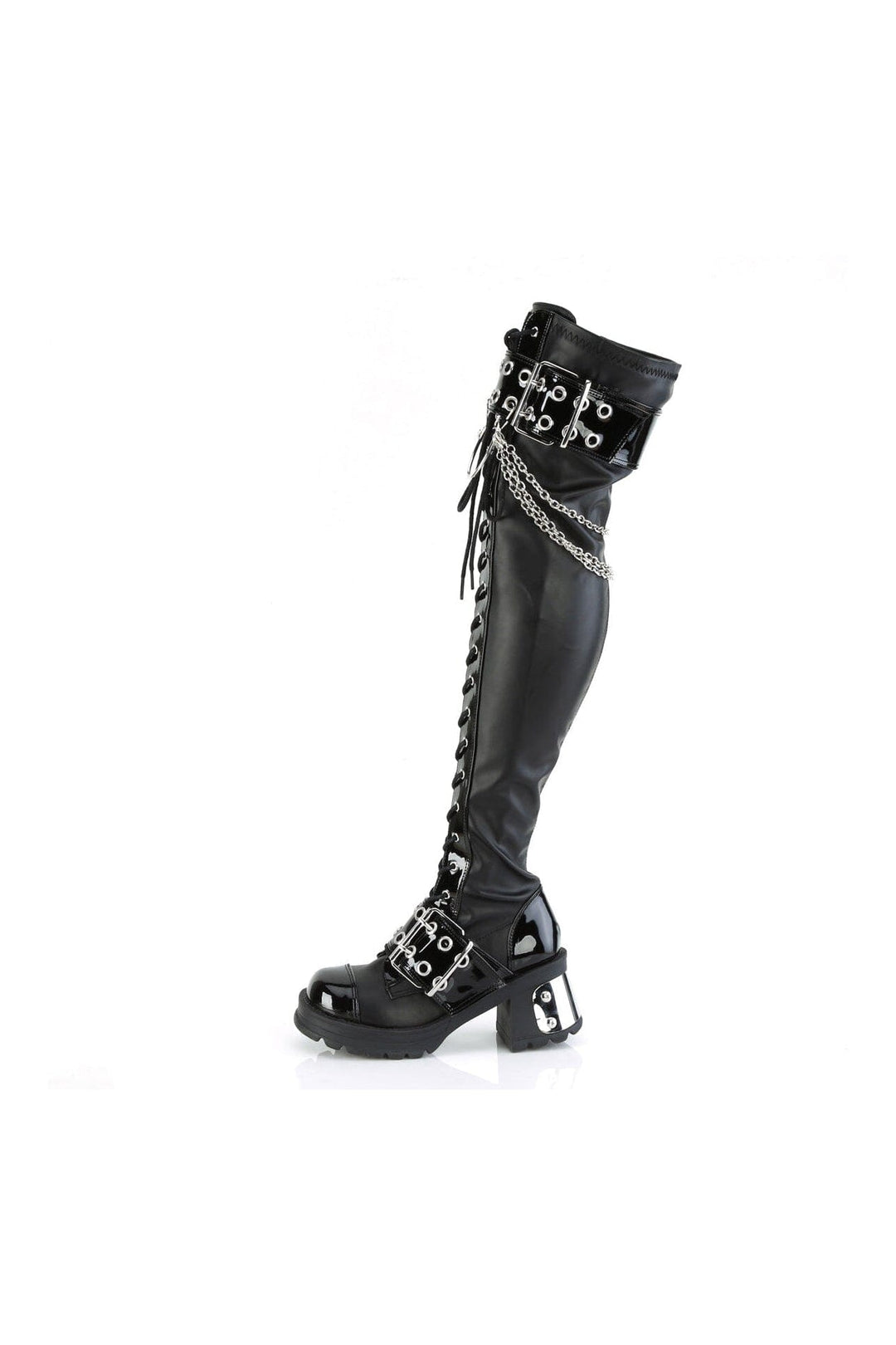 Demonia BRATTY-304 Black Vegan Leather Thigh Boot in Black Vegan Leather
