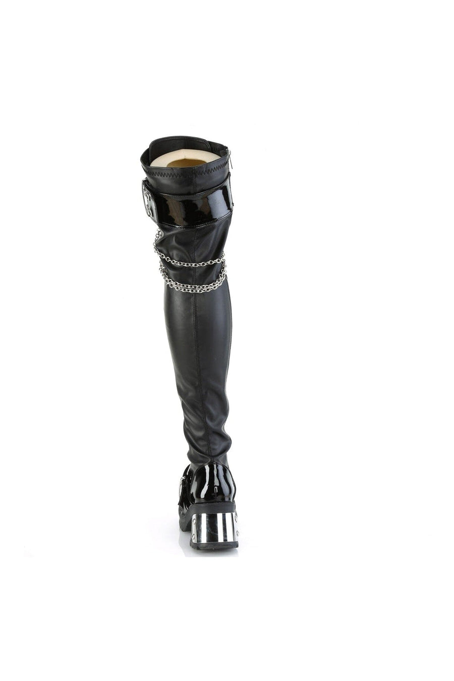 Demonia BRATTY-304 Black Vegan Leather Thigh Boot in Black Vegan Leather