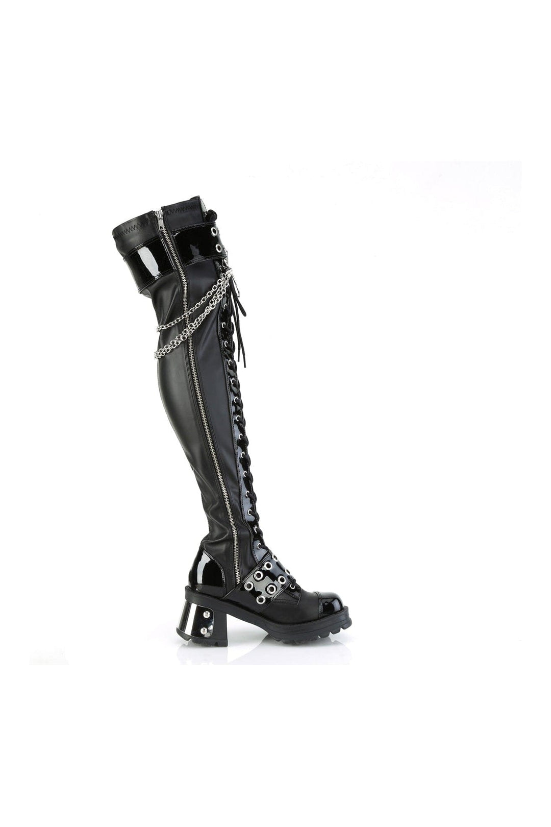 Demonia BRATTY-304 Black Vegan Leather Thigh Boot in Black Vegan Leather