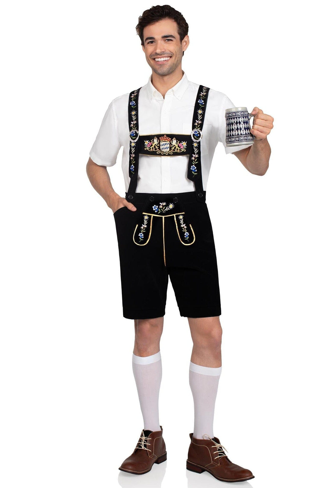 Leg Avenue Bavarian Lederhosen Embroidered Stretch Velveteen, Bib Suspenders in Black  from SexyShoes.com