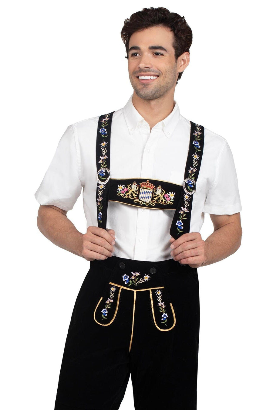 Leg Avenue Bavarian Lederhosen Embroidered Stretch Velveteen, Bib Suspenders in Black 