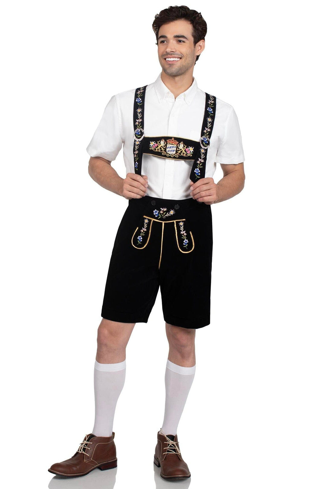 Leg Avenue Bavarian Lederhosen Embroidered Stretch Velveteen, Bib Suspenders in Black 