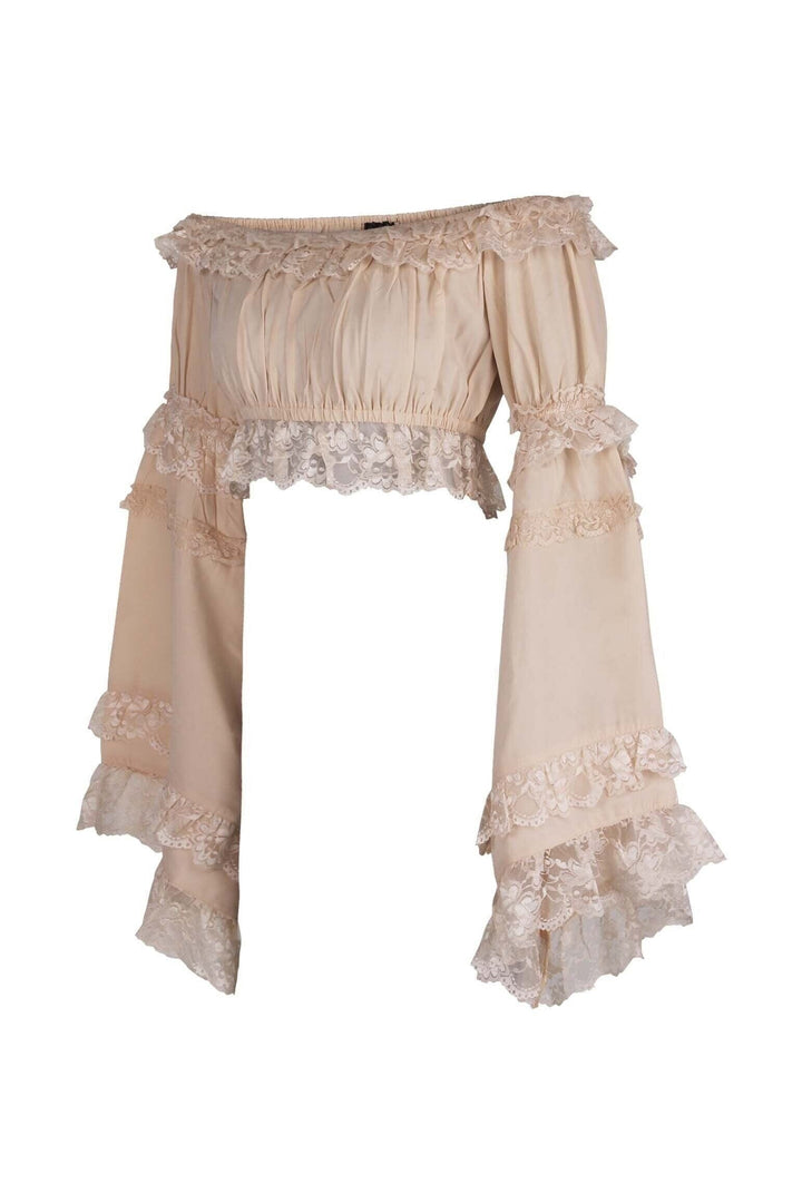 Beige Smocked Flare Sleeve Peasant Top