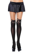 Black Cat Spandex Opaque Pantyhose With Sheer Thigh Accent