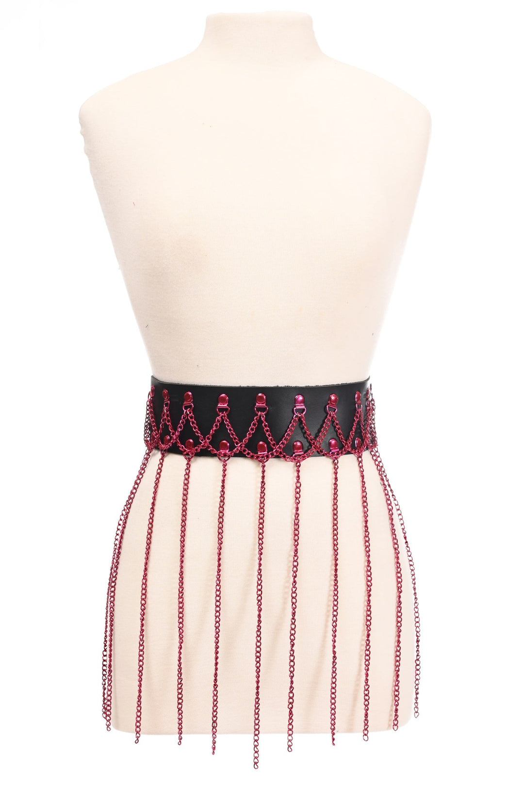 Black Faux Leather & Pink Metallic Chain Fringe Skirt