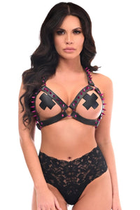 Daisy Corsets Black Vegan Leather & Pink Metallic Spikes Body Harness in Pink  from SexyShoes.com