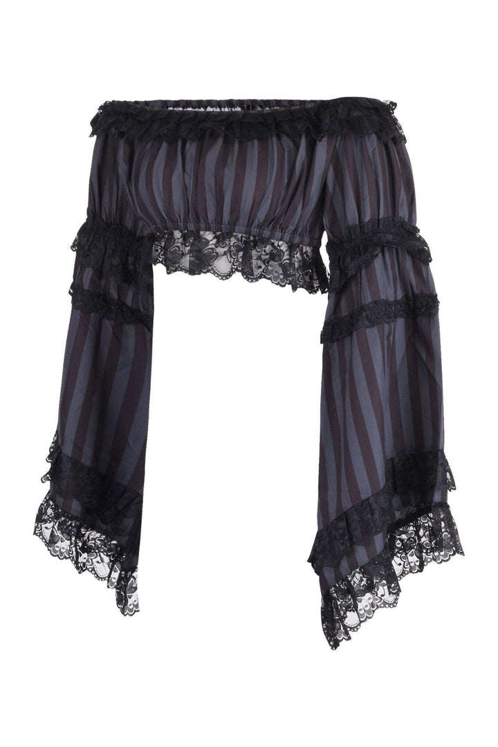 Black/Grey Striped Smocked Flare Sleeve Peasant Top