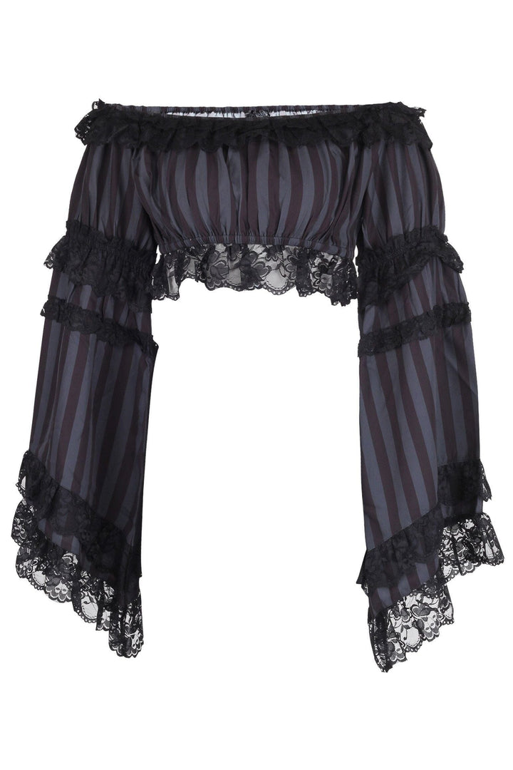 Black/Grey Striped Smocked Flare Sleeve Peasant Top