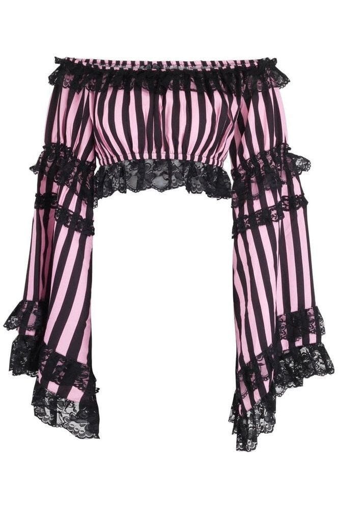 Black/Pink Striped Smocked Flare Sleeve Peasant Top