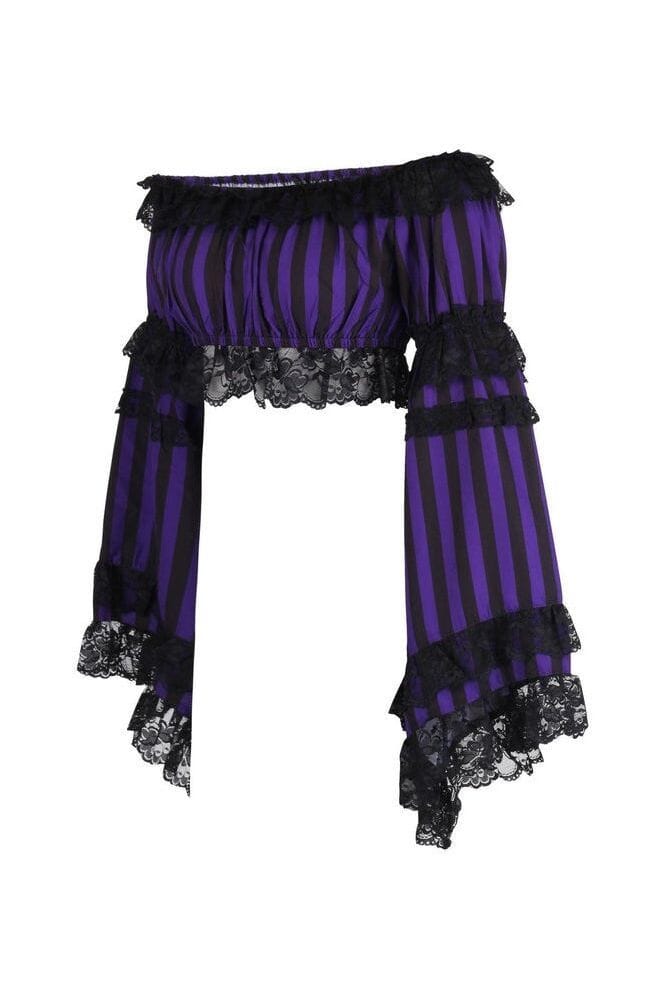 Black/Purple Striped Smocked Flare Sleeve Peasant Top