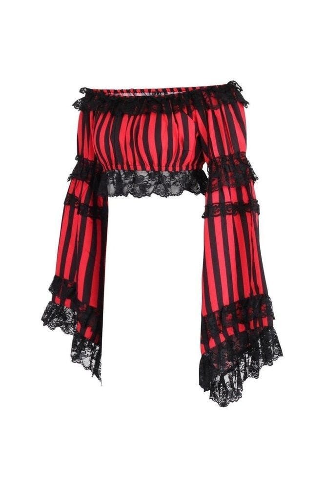 Black/Red Striped Smocked Flare Sleeve Peasant Top