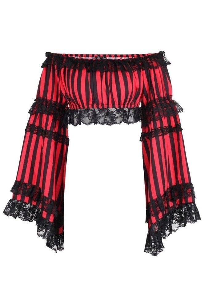 Black/Red Striped Smocked Flare Sleeve Peasant Top