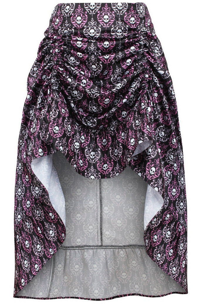 Black/White/Purple Skull Satin Adjustable High Low Skirt