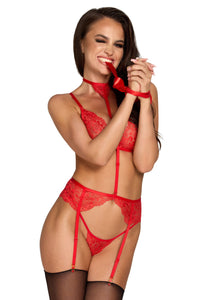 Bondage red lace set with bra, panties, garter belt, choker and ribbon-Lingerie Sets-SEXYSHOES.COM