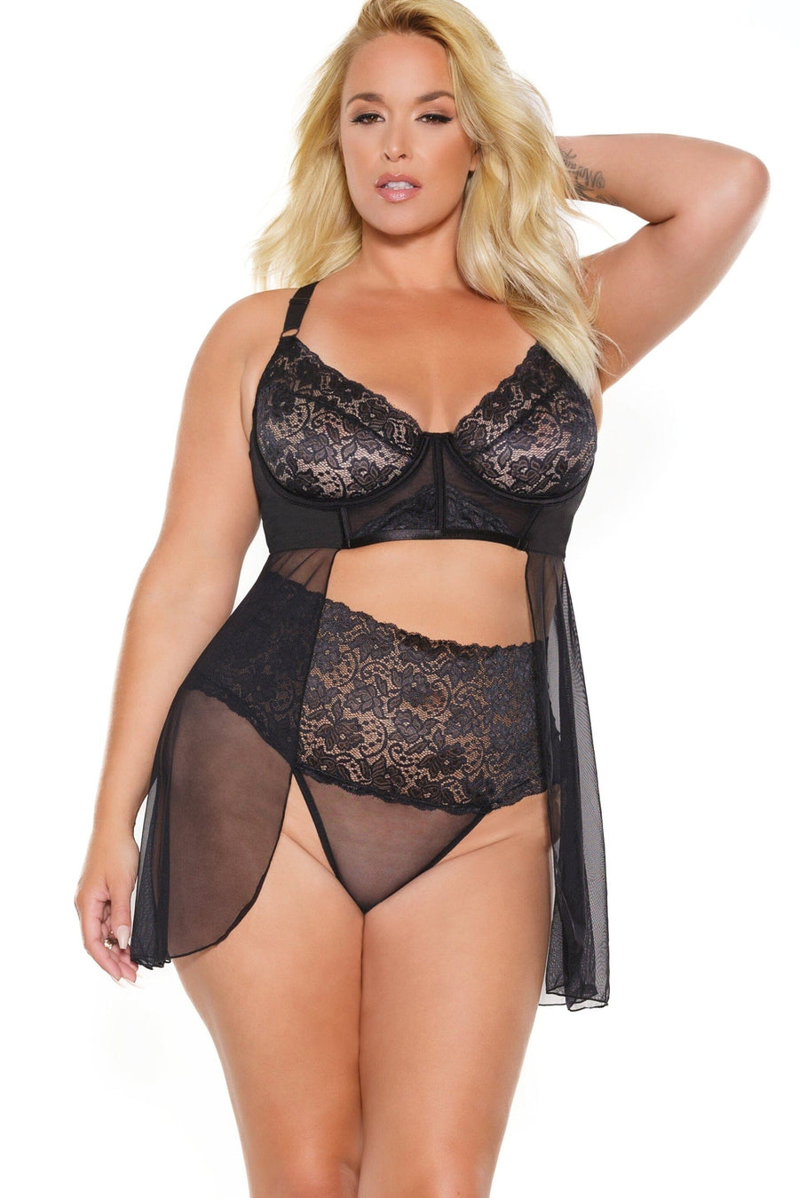 Boning Underwired Babydoll with High Waisted Thong-Babydolls-SEXYSHOES.COM