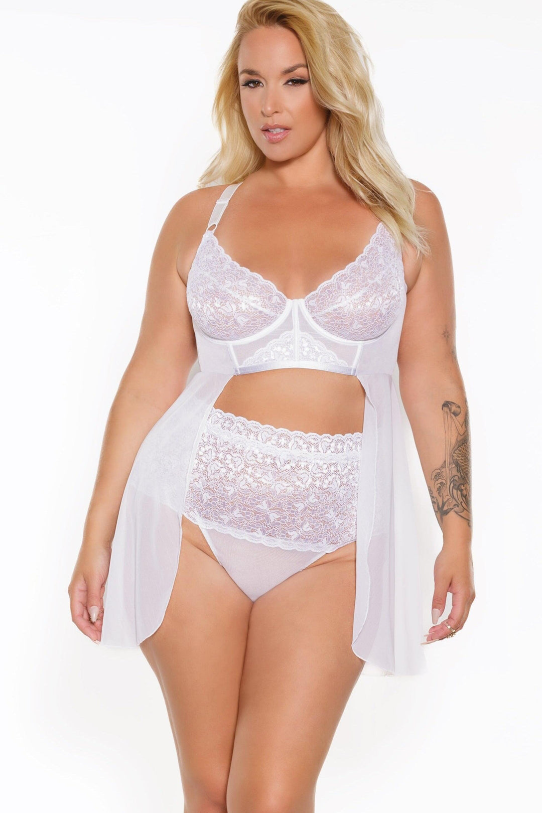 Coquette Boning Underwired Babydoll with High Waisted Thong in White 