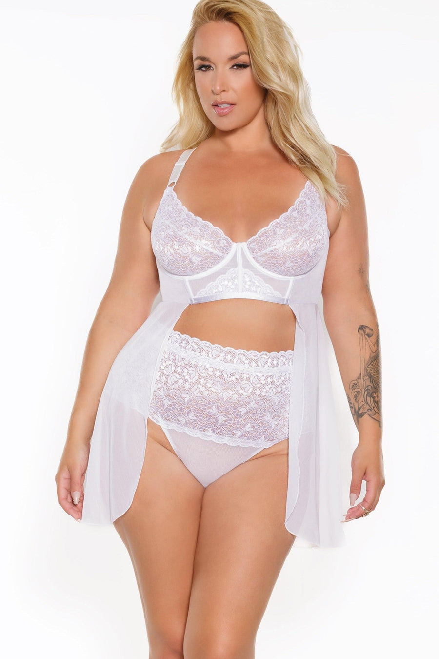 Coquette Boning Underwired Babydoll with High Waisted Thong in White 