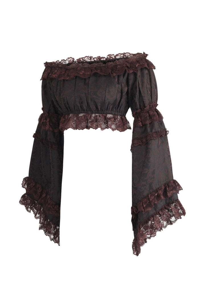 Brown Brocade Smocked Flare Sleeve Peasant Top