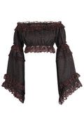 Brown Brocade Smocked Flare Sleeve Peasant Top