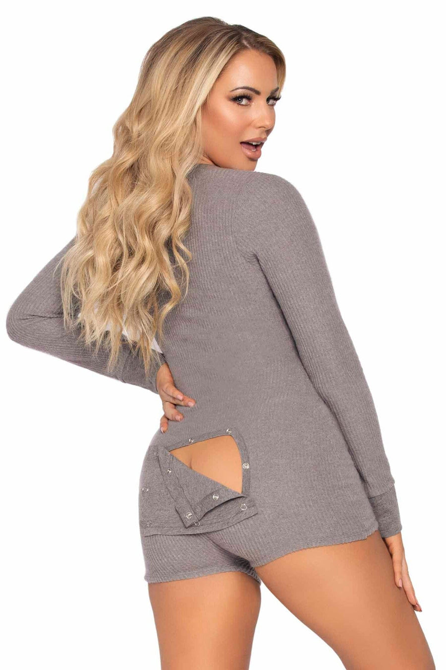 Brushed Rib Romber Long Johns, Snap Closure Back Flap-Lingerie Romper-SEXYSHOES.COM