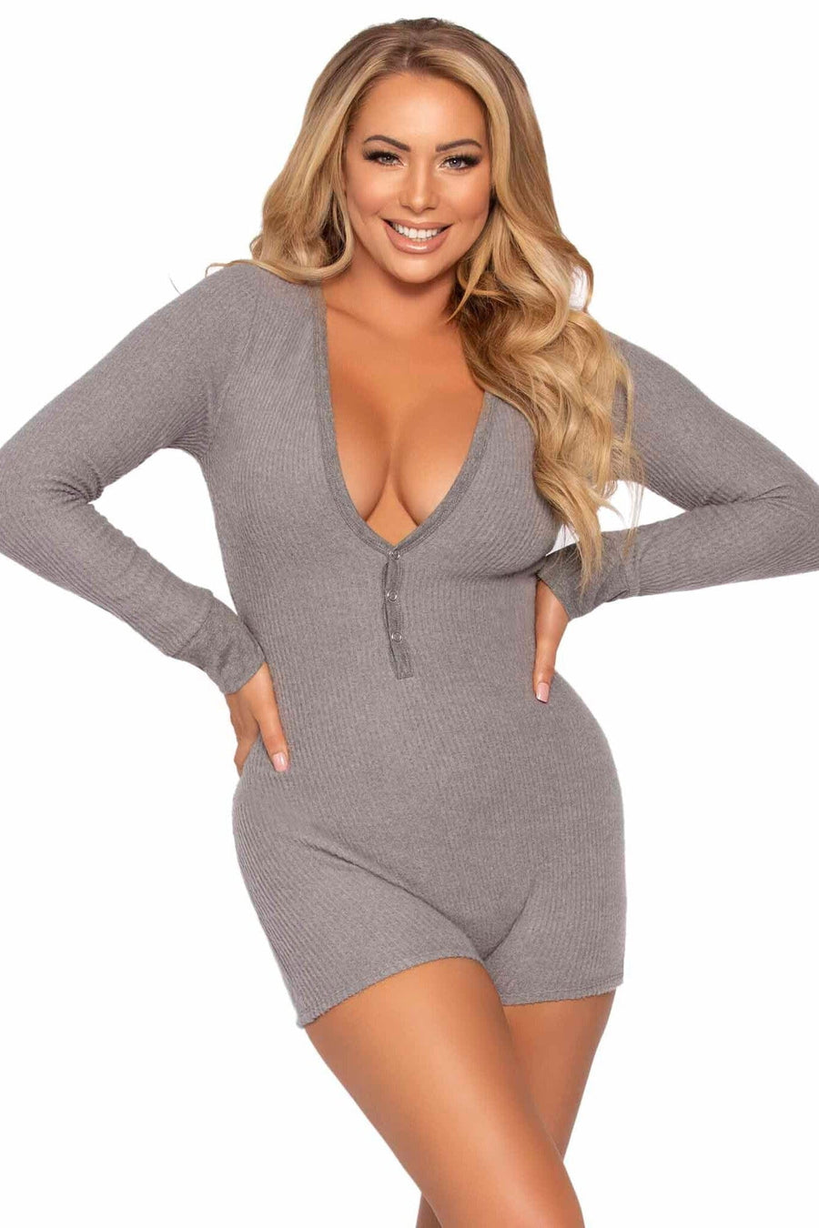 Brushed Rib Romber Long Johns, Snap Closure Back Flap-Lingerie Romper-SEXYSHOES.COM