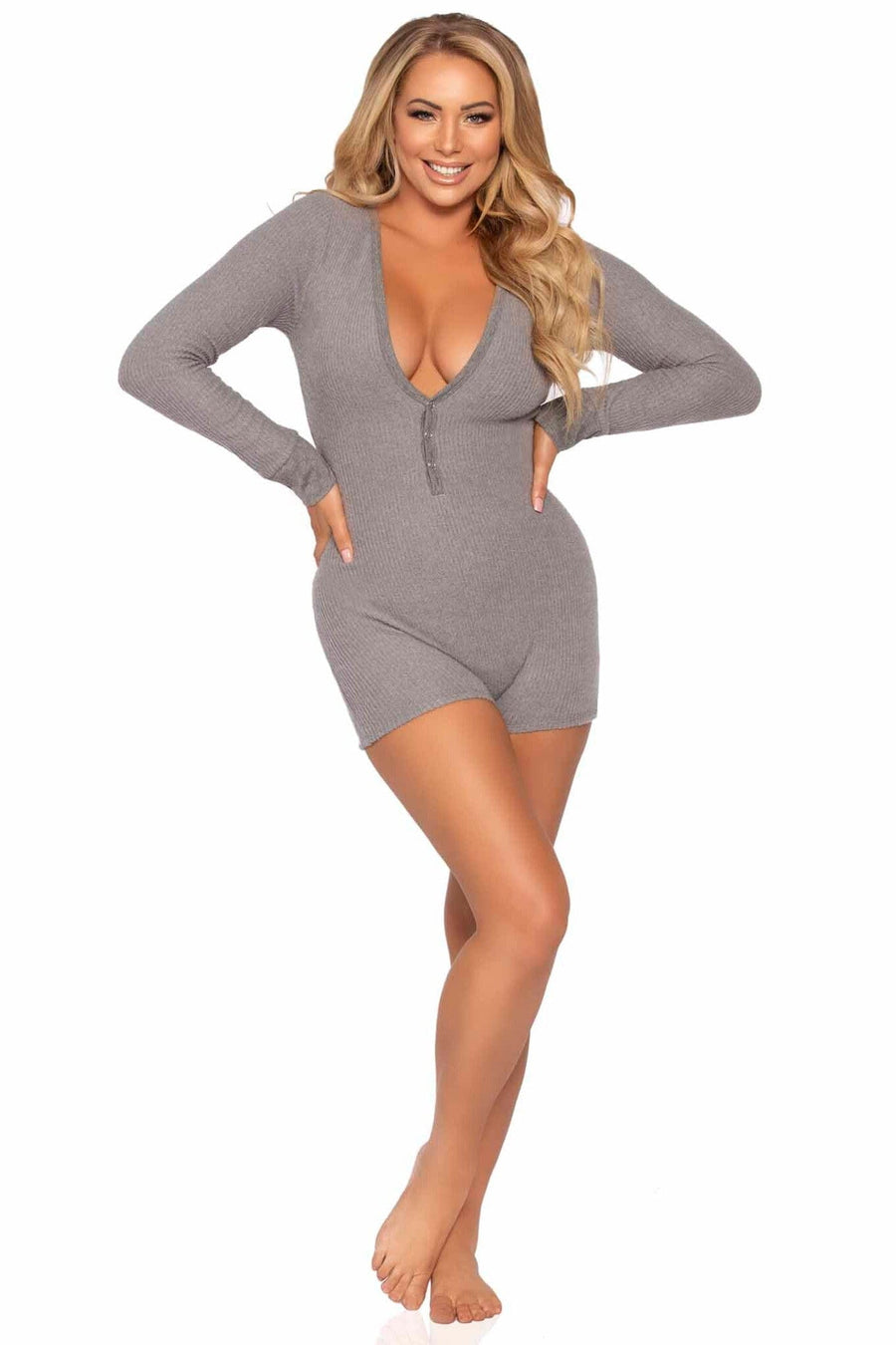 Brushed Rib Romber Long Johns, Snap Closure Back Flap-Lingerie Romper-SEXYSHOES.COM