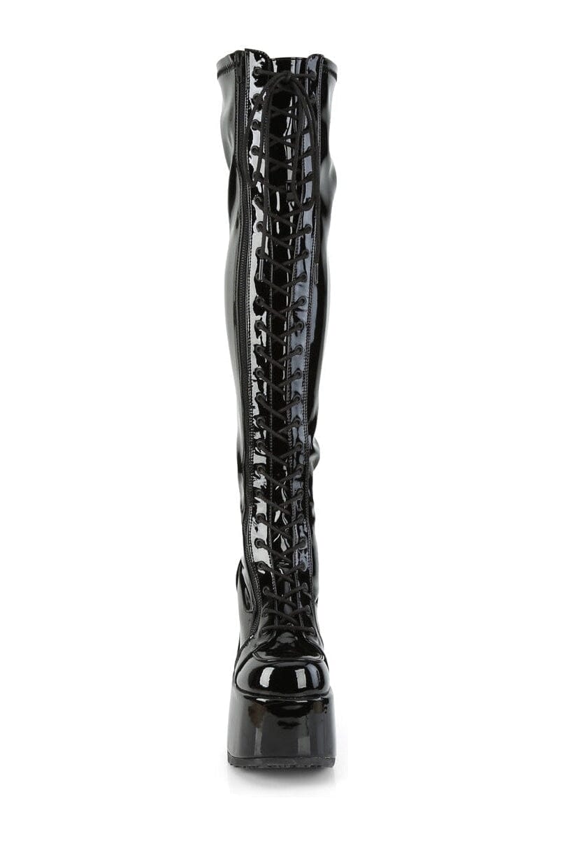Demonia CAMEL-300 Black Patent Thigh Boot in Black Patent